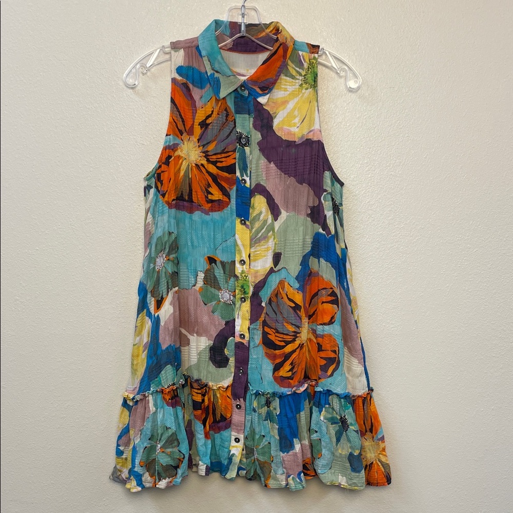 Maeve Floral Multicolor Sleeveless Button up Ruffle Bottom Babydoll Mini Dress